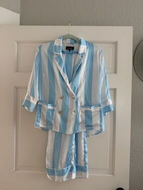 Favette Roma Blue & White Striped Silk Pajamas